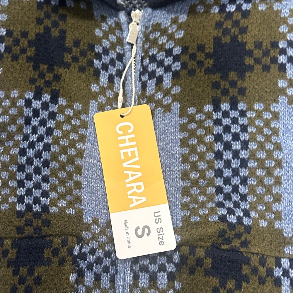 Blue Check Zip-Front Women's Sweater Jacket - Picture 8 of 8